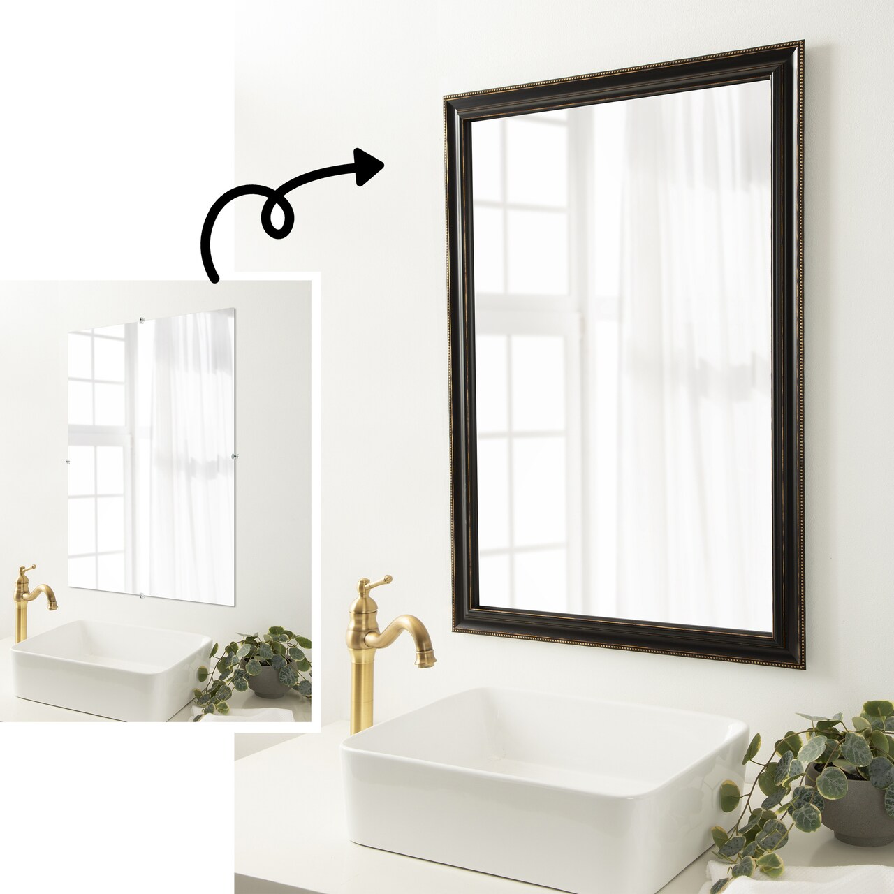 Amanti Art Mirror Makeover Bathroom Mirror Frame Border Kit - Fully Assembled Peel and Stick Frame - Mirror NOT Included - Accent Bronze Narrow Trim